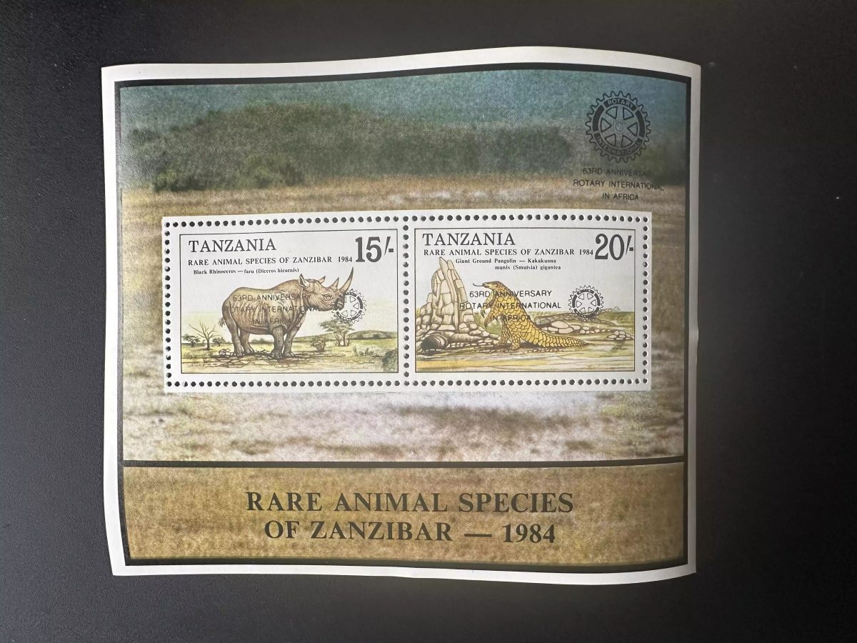 Tansania 1988 Mi. Bl. 73 aufgedruckt Pangolin Nashorn Rotary Club International