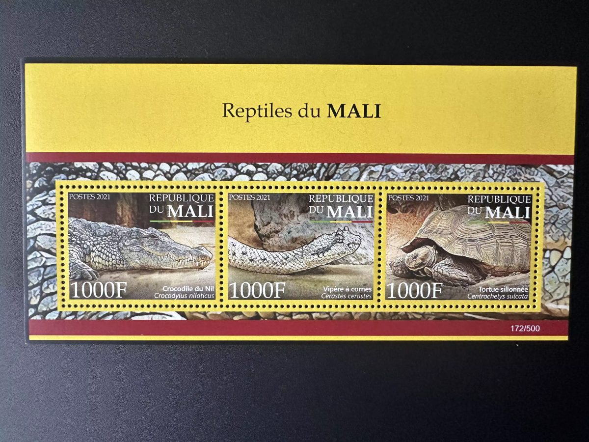 Mali 2021 Mi. ? Block Biodiversität Reptilien Schlange Schildkröte Krokodil