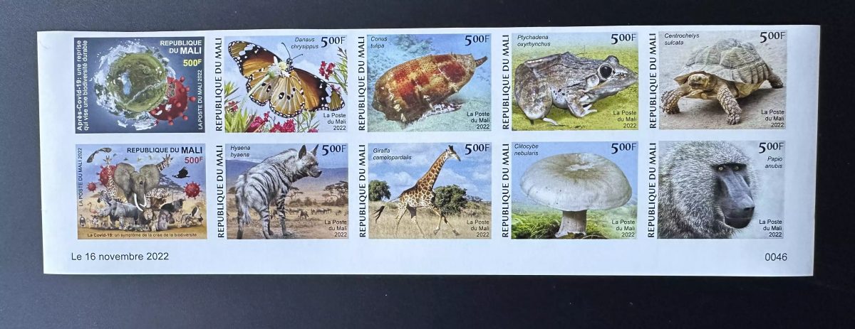 Mali 2022 Mi.? IMPERF Wildlife COVID-19 biodiversity butterfly mushroom monkey