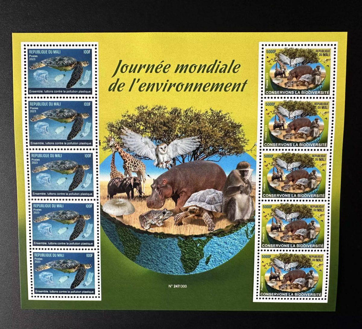 Mali 2023 Block Umwelt Fauna Vogel Schildkröte Eule Affe Pilz