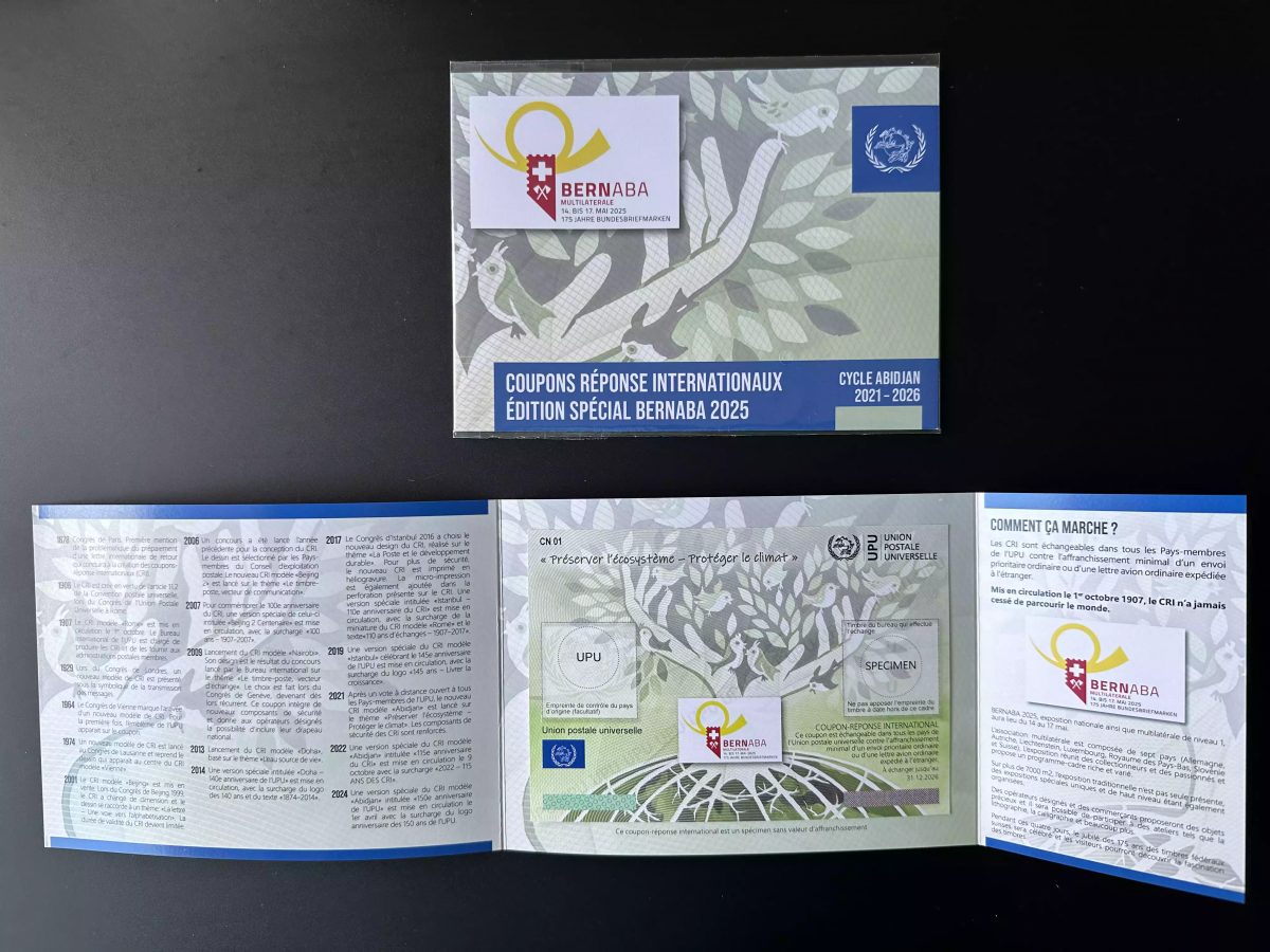 Muster-Folder Schweiz 2025 BERNABA MULTILATERALE UPU Abidjan IRC-Coupon