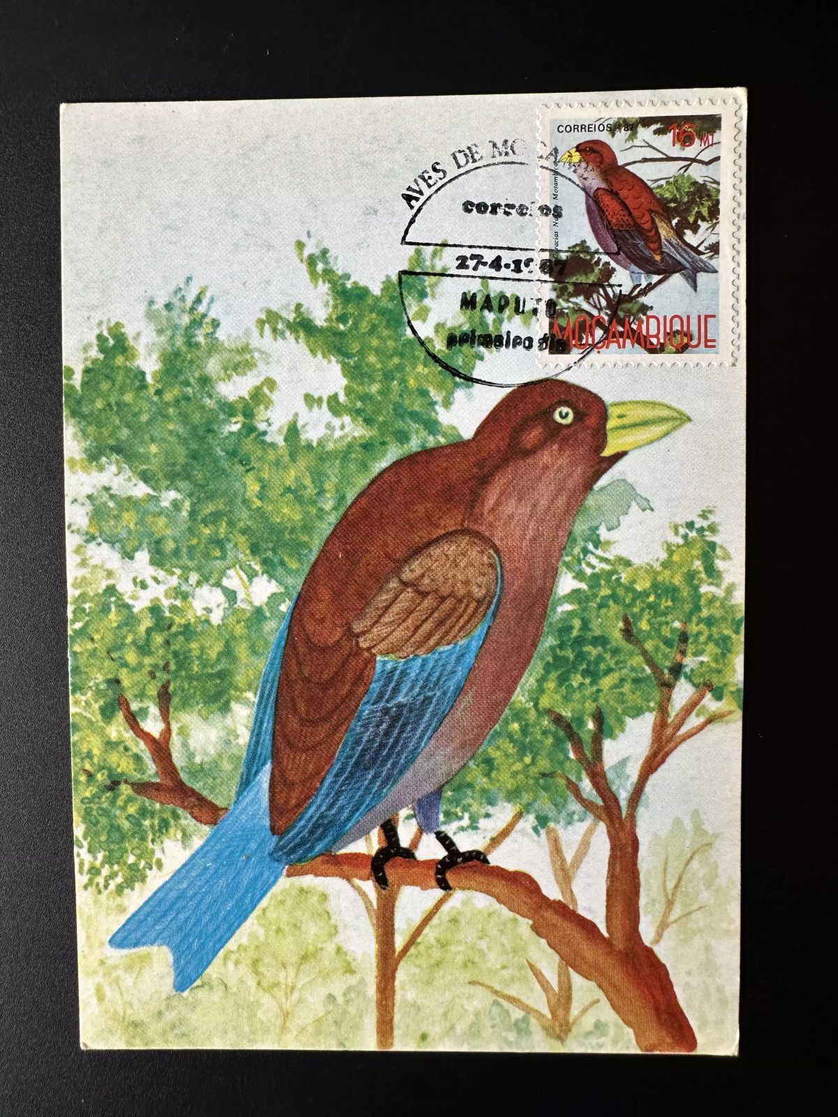 Mozambique 1987 Mi. 1092 card maximum stationery postal bird ave Coracias