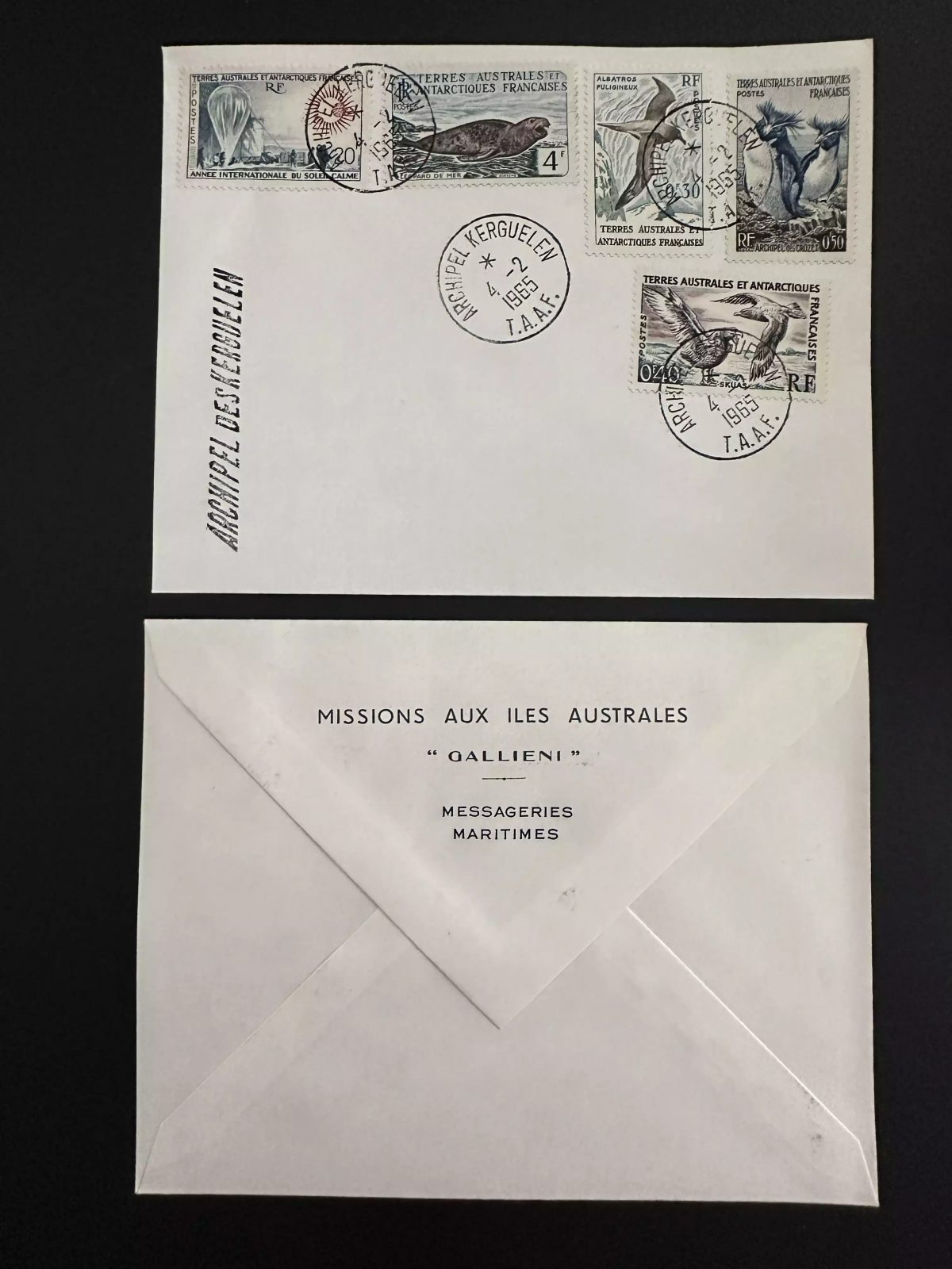 TAAF 1965 Brief "Galliéni" 5 Werte Kerguelen-Archipel 04.02.1965