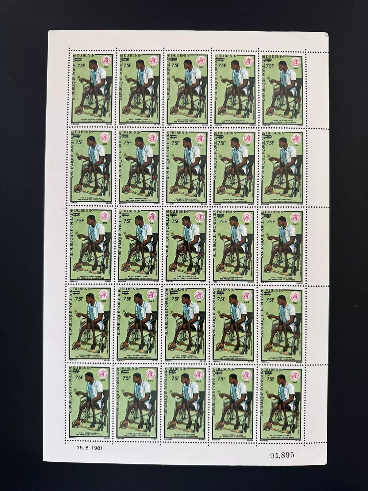 Benin 1984 Mi. 364 planche Surchargé Année handicapées OMS WHO Santé fleur