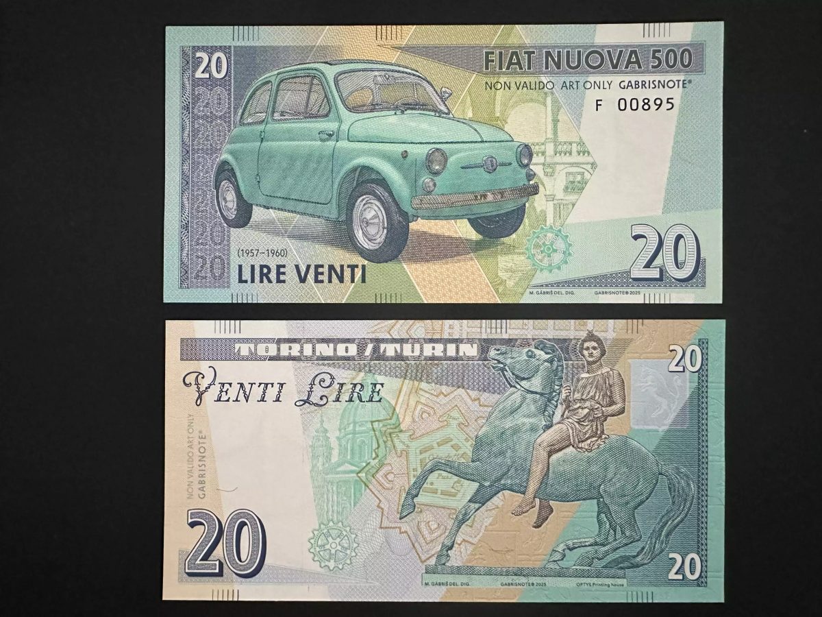 2025 Matej Gabris Gabrisnote 20 Lire Fiat Nuova 500 Roma UNC SPECIMEN ESSAY