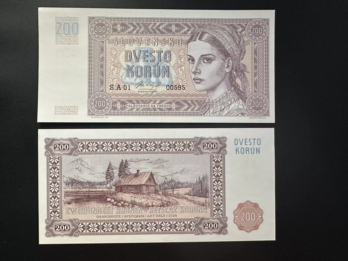 2025 Matej Gabris Gabrisnote 200 Korun Slovensko (I) UNC SPECIMEN ESSAY