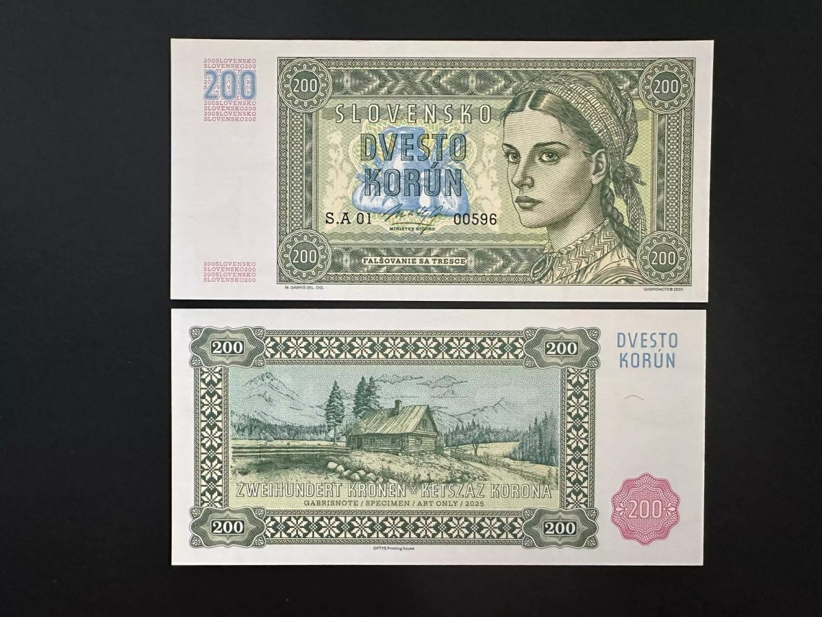 2025 Matej Gabris Gabrisnote 200 Korun Slovensko (II) UNC SPECIMEN ESSAY