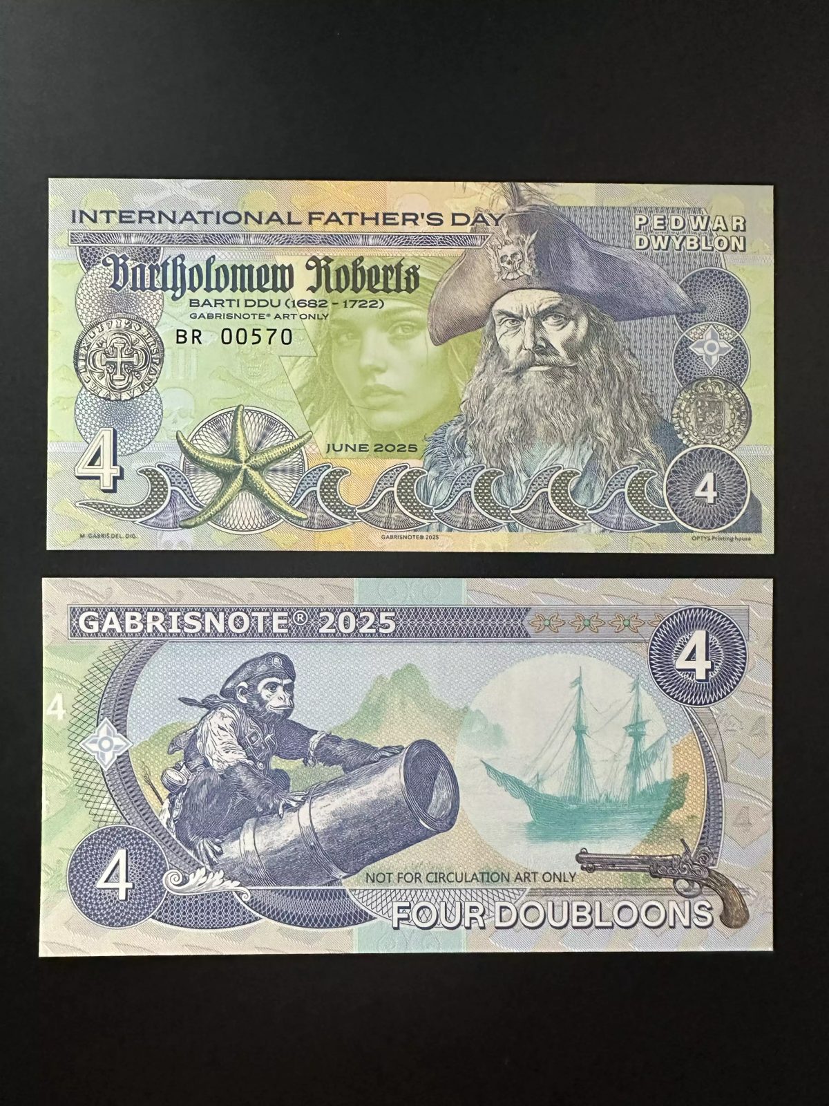 2025 Matej Gabris Gabrisnote 4 doubloons Pirate Roberts Father's Day SPECIMEN
