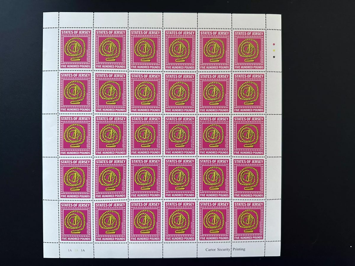 Jersey fiscal duty stamp 500 Pounds full sheet 25 stamps incredible