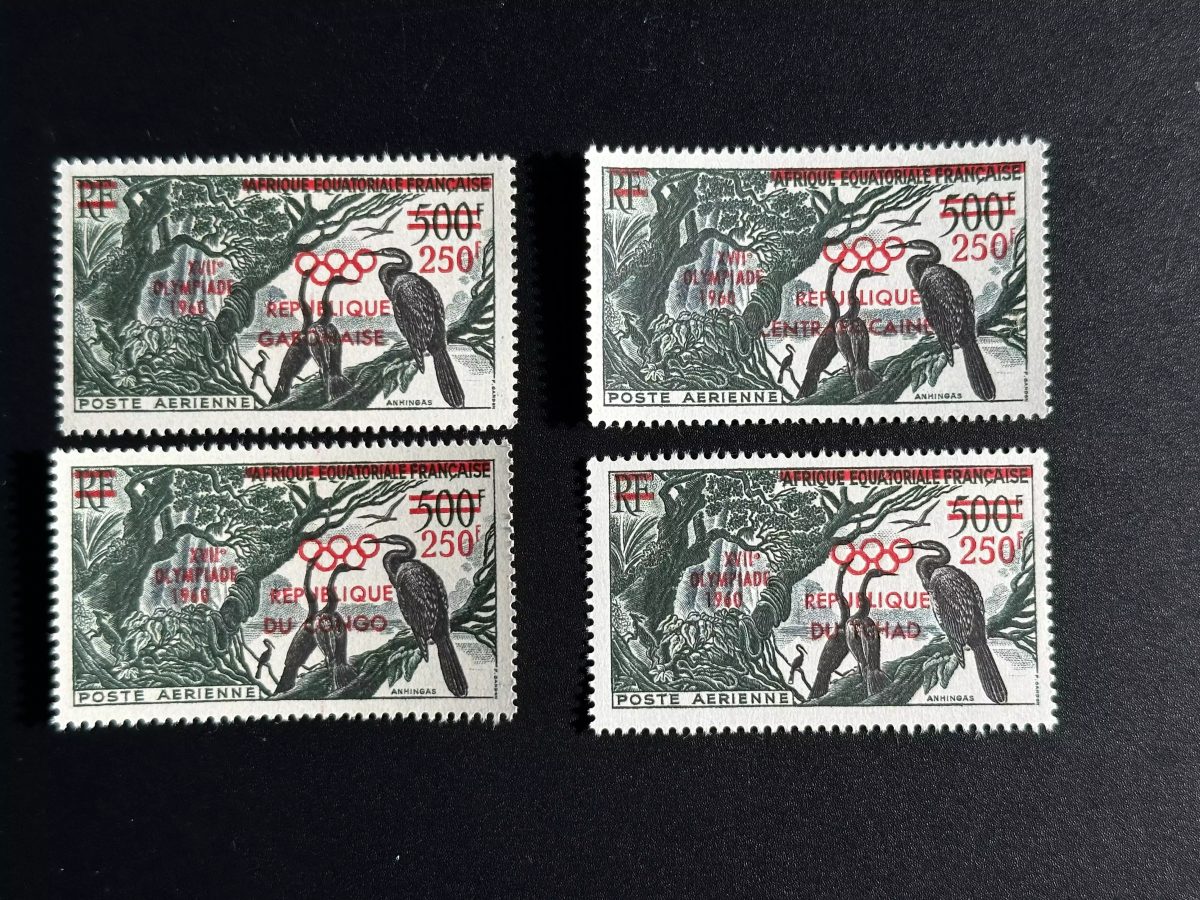 Gabon Tchad Centrafricaine Congo 1960 4 val. surch. Jeux Olympiques Rome oiseau