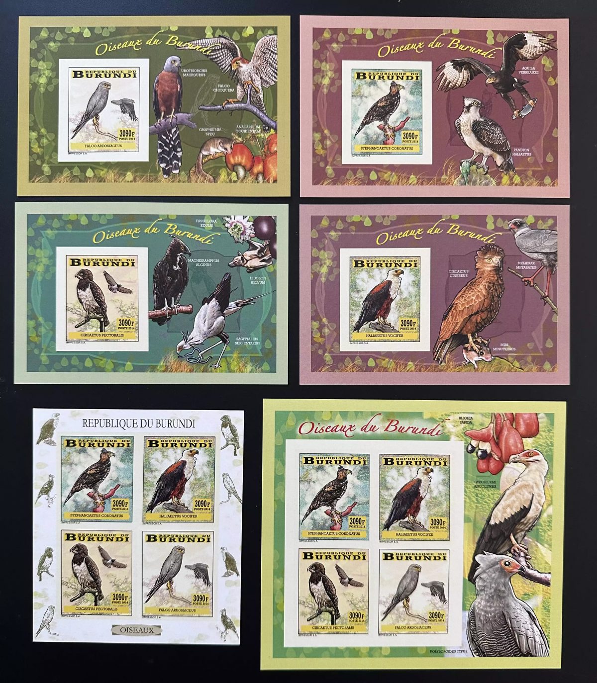 Burundi 2014 Mi. 3349 - 3352 Bl. 399 402 IMPERF Birds Raptors Prey Eagle