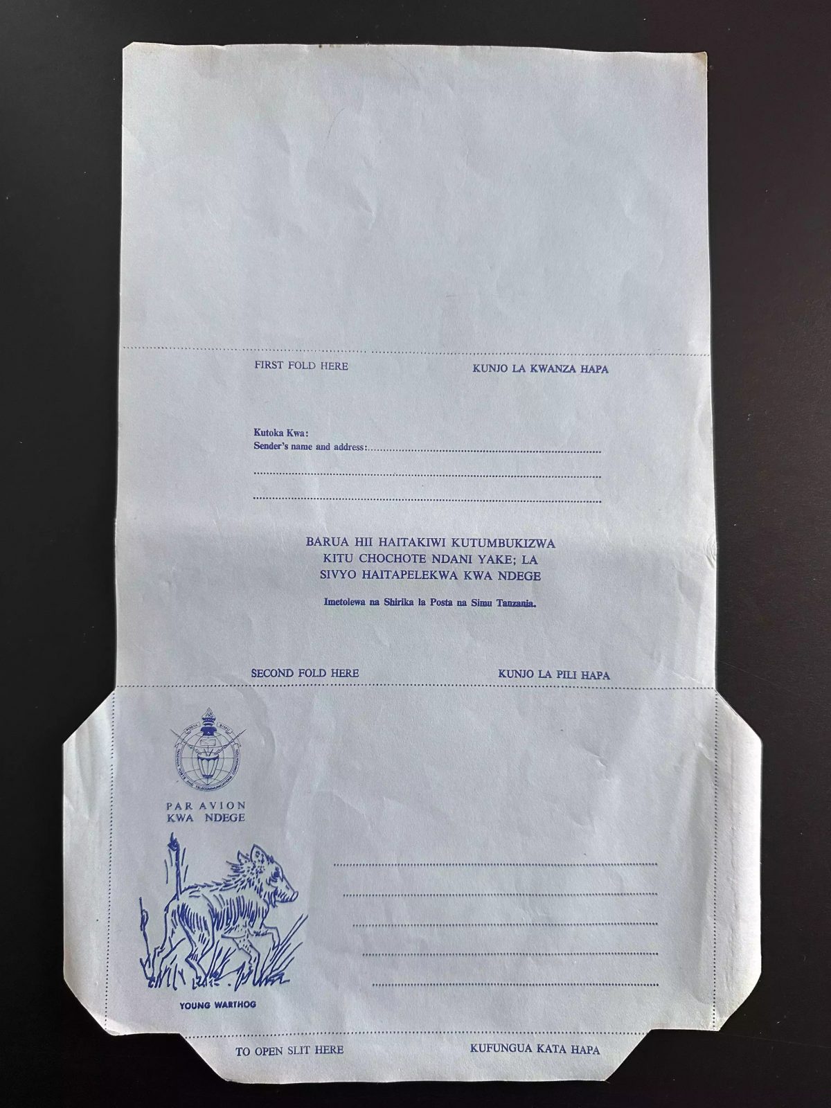 Tanzanie Aerogramme Air letter stationery Entier Postal warthog phacochère
