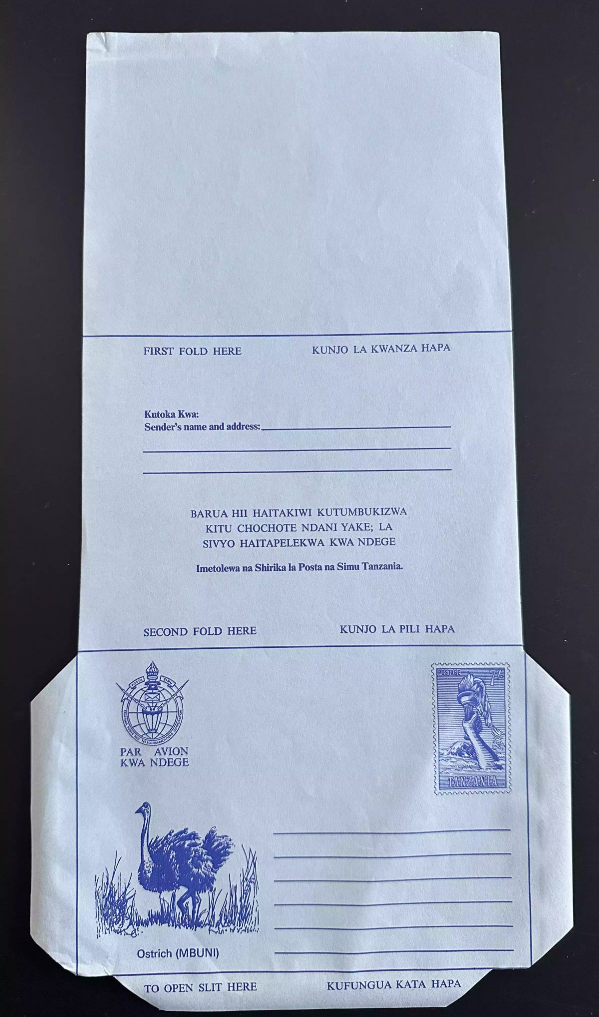 Tanzanie Aerogramme Air letter stationery Entier Postal Ostrich Autruche Strauß