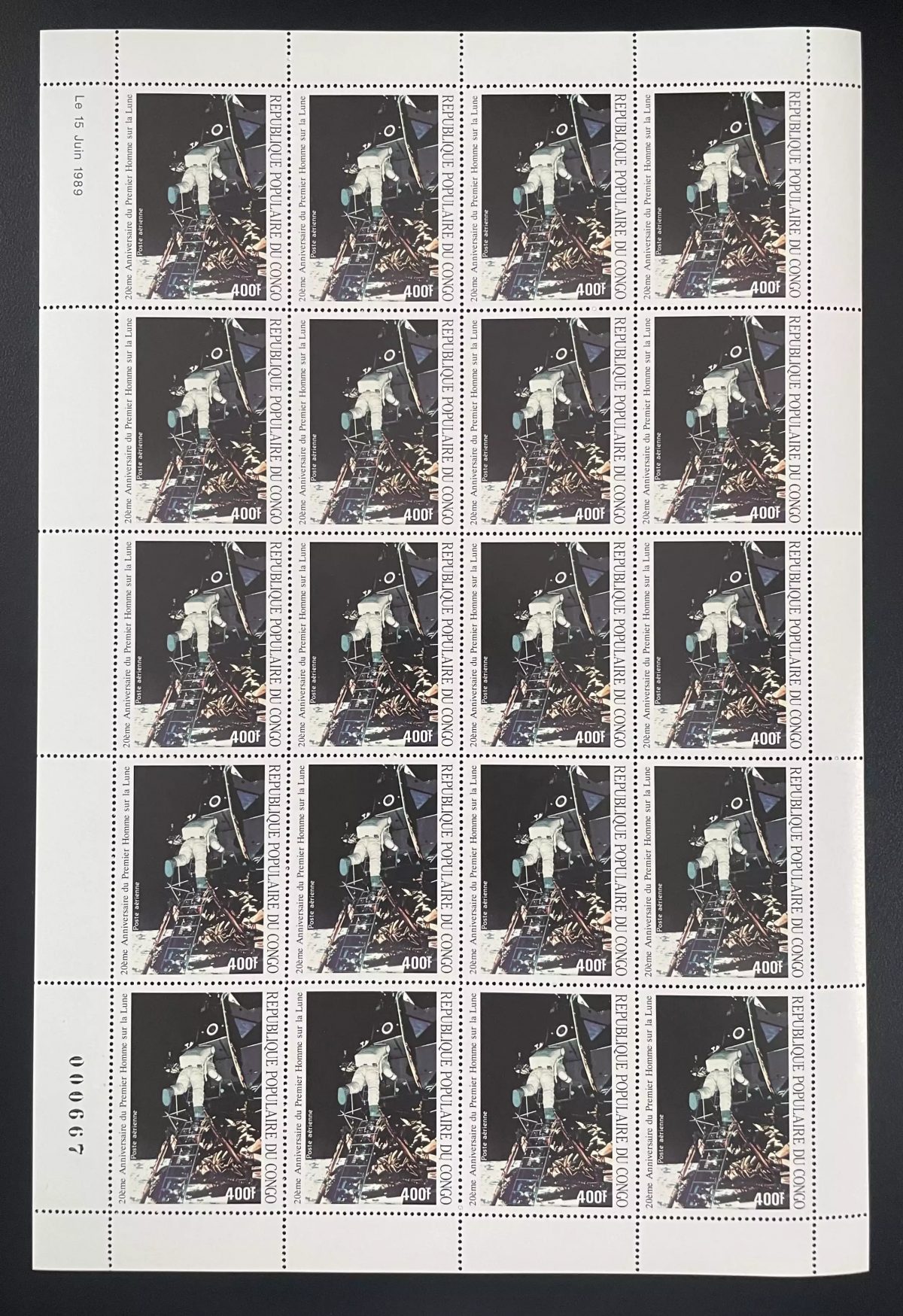 Congo 1989 YT PA 387 planche anniversaire homme Lune Apollo Astronaute Espace