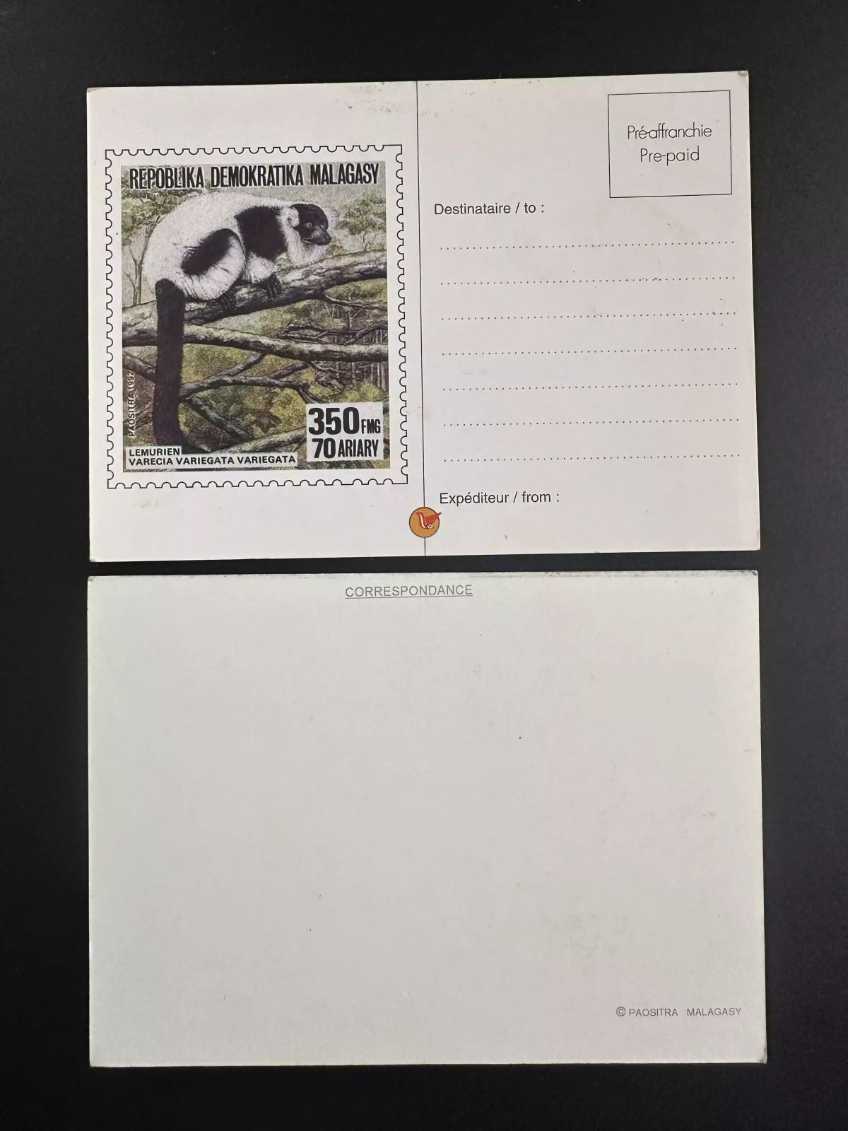Madagascar 1993 ? YT CP 14 Entier Postal Lémurien Varecia Variegata lemur faune