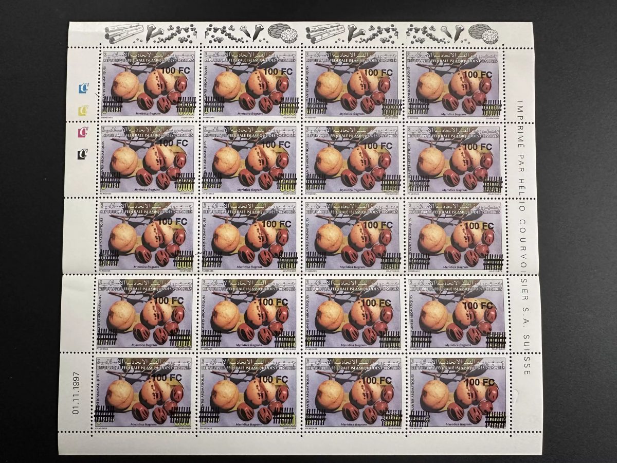 Comores 2001 Mi. 1779 100F/500F planche surchargé Plantes aromatiques Myristica