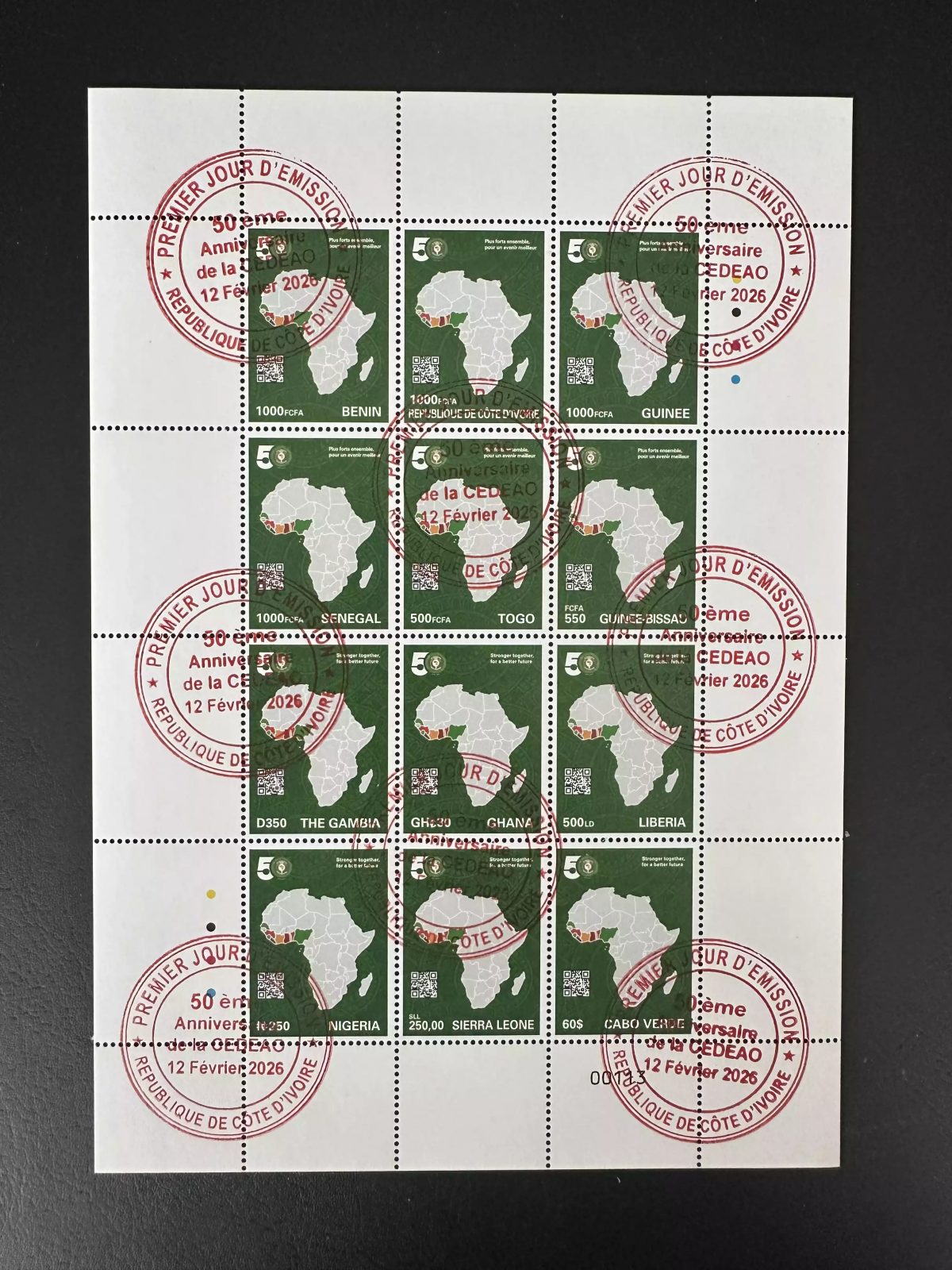 CEDEAO ECOWAS 2026 FDC Bloc-feuillet 12 pays 50 ans siamois émission commune