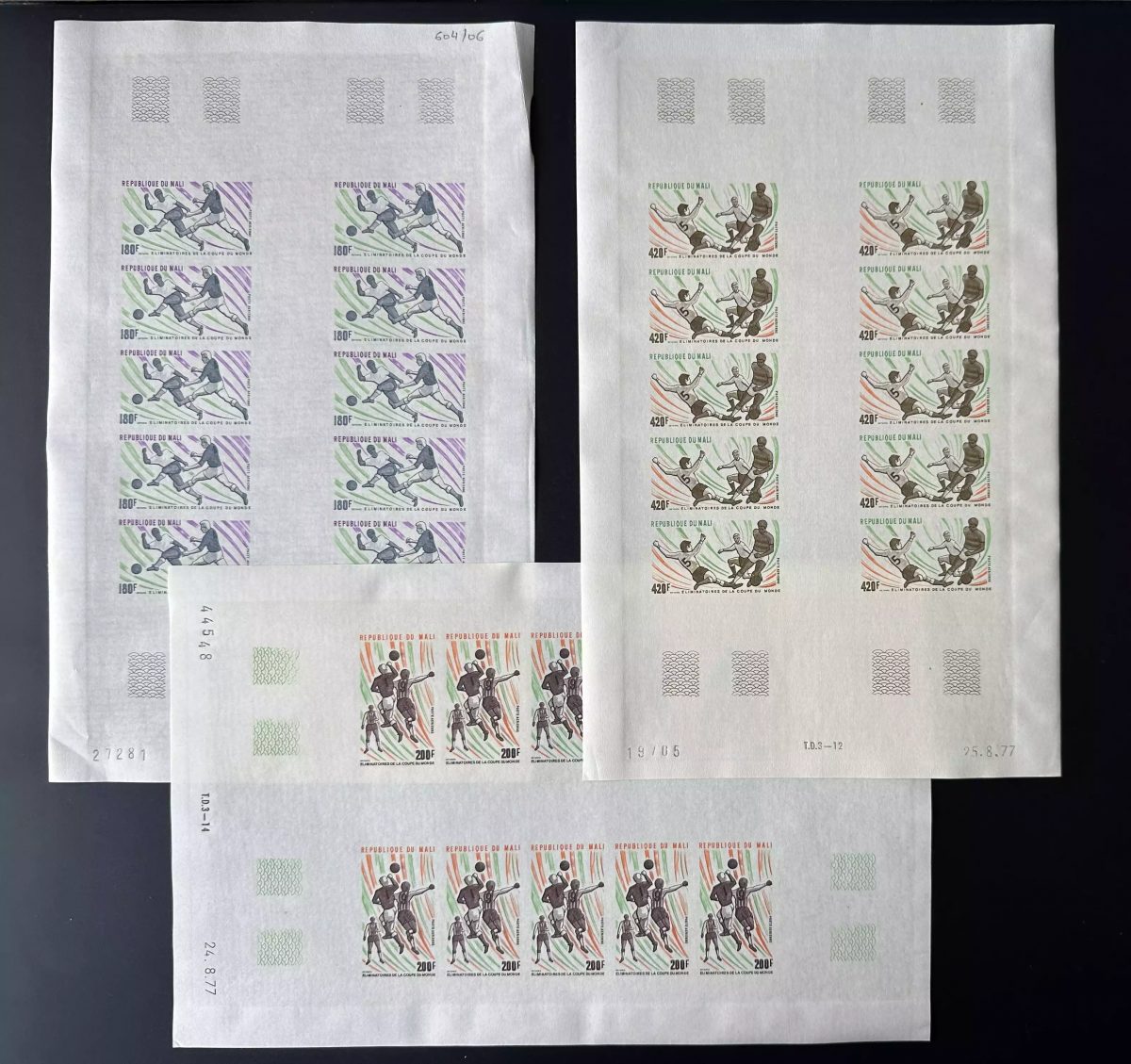 Mali 1977 Mi. 604 - 606 ND planche football coupe monde sport 1978 Argentine