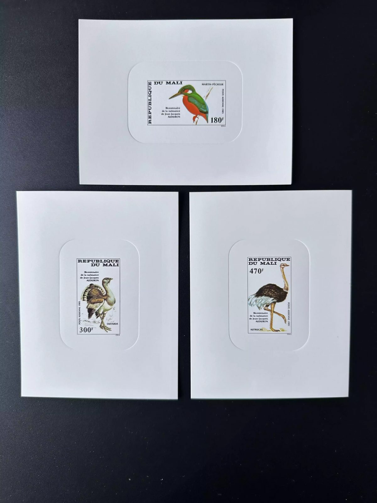Mali 1985 Mi. 1046 - 1048 épreuve de luxe Oiseau Martin Pêcheur Audubon Autruche