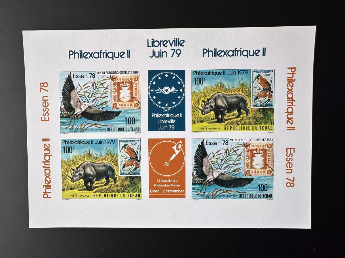 Tchad 1978 Mi. Bl. 829 - 830 carton ND Philexafrique Rhinocéros Faune Oiseaux