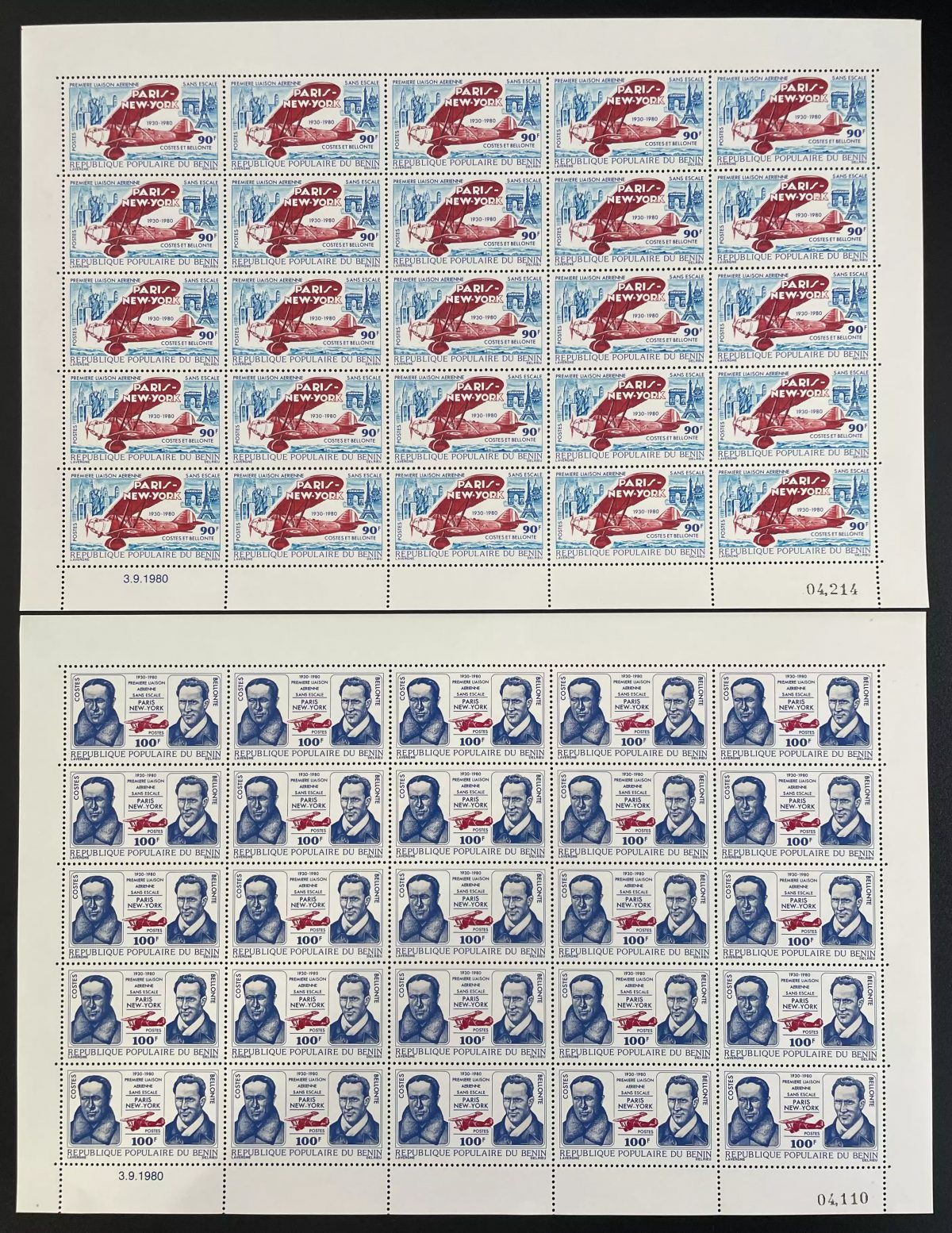 Benin 1980 YT 484-485 sheet Paris New York aviation plane Costes Bellonte