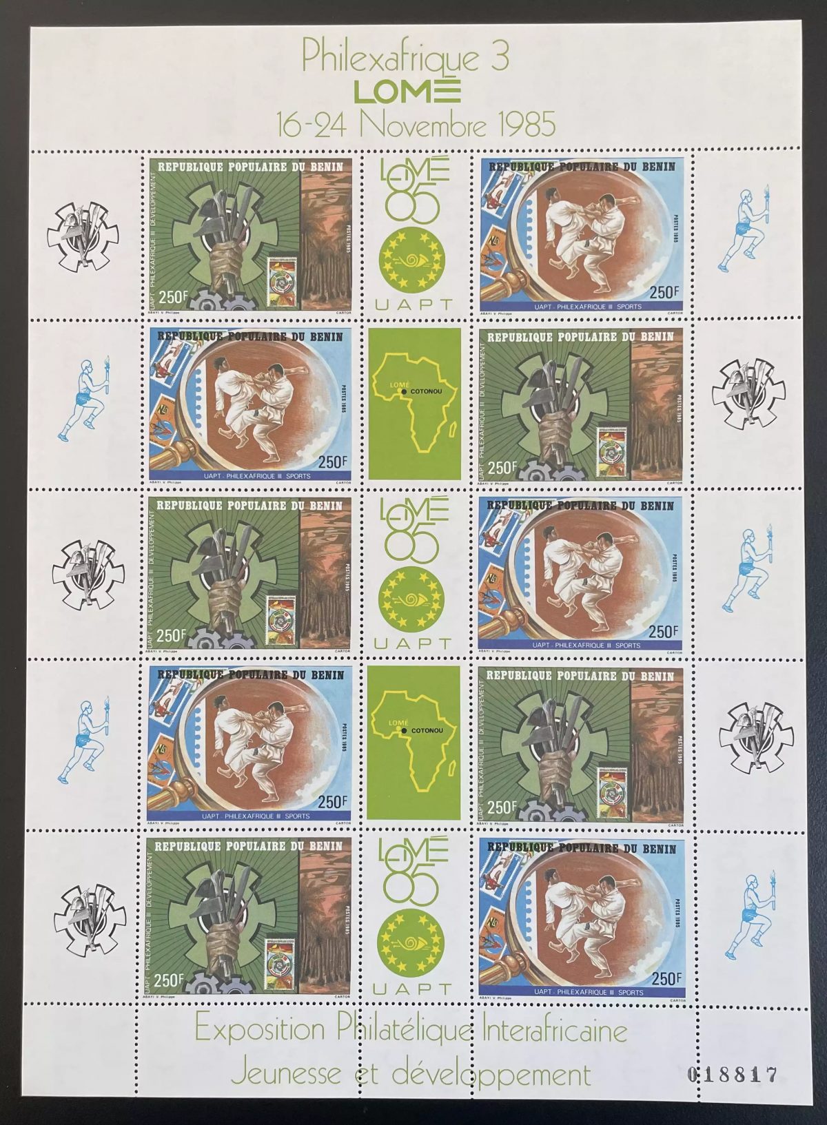 Bénin 1985 YT 624-625 planche Philexafrique Sports Lome Judo UAPT Jeunesse