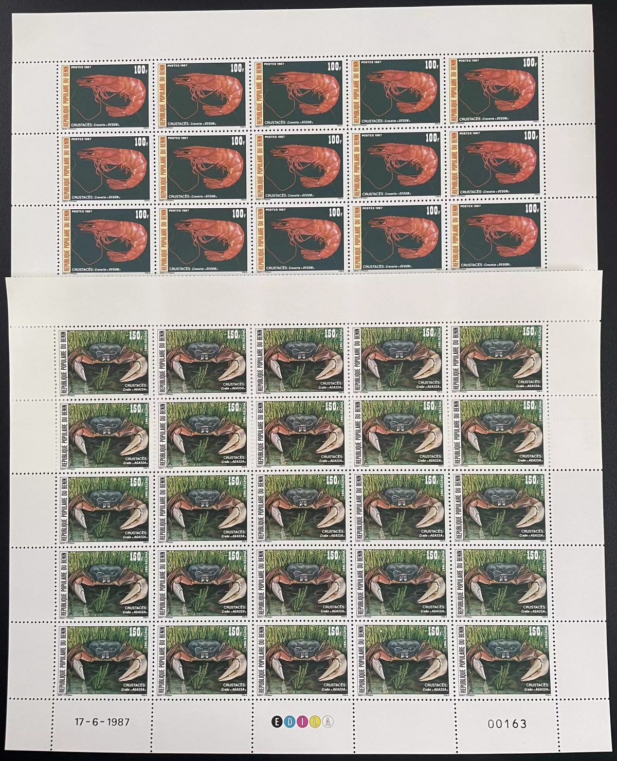 Bénin 1987 YT 653-654 planche Crustacés Crevette Crabe Faune marine