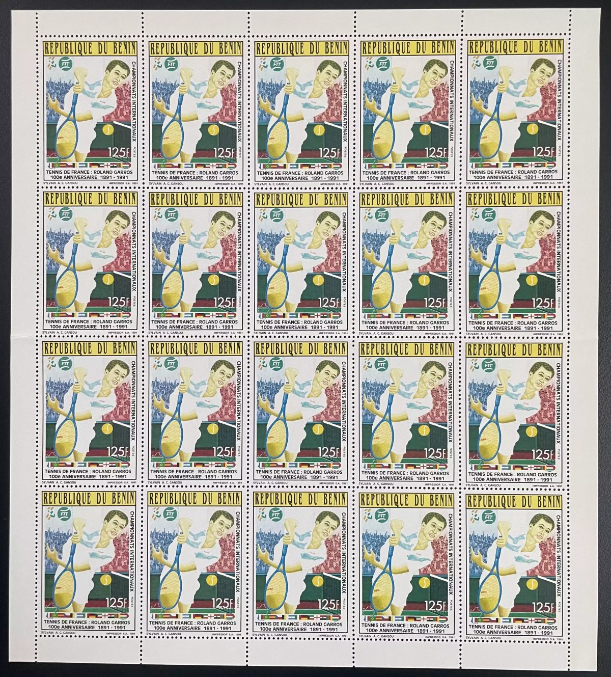 Bénin 1991 YT 693 planche Tennis Roland Garros France sport anniversaire