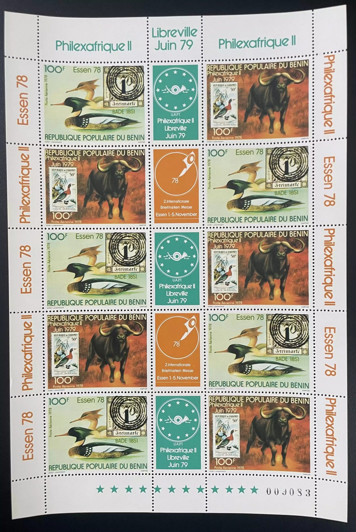 Bénin 1978 YT PA 290A planche Philexafrique II Libreville Essen canard buffle
