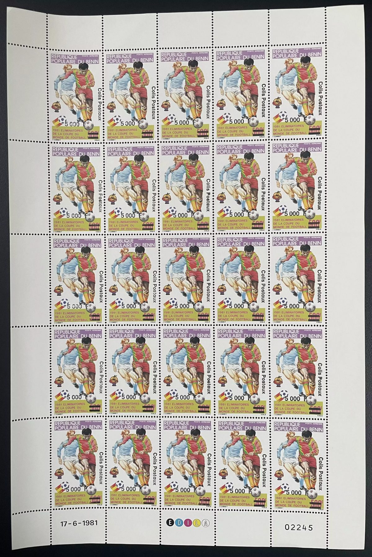 Bénin 1982 YT 17 colis postaux planche Football Coupe du Monde Espagne World Cup