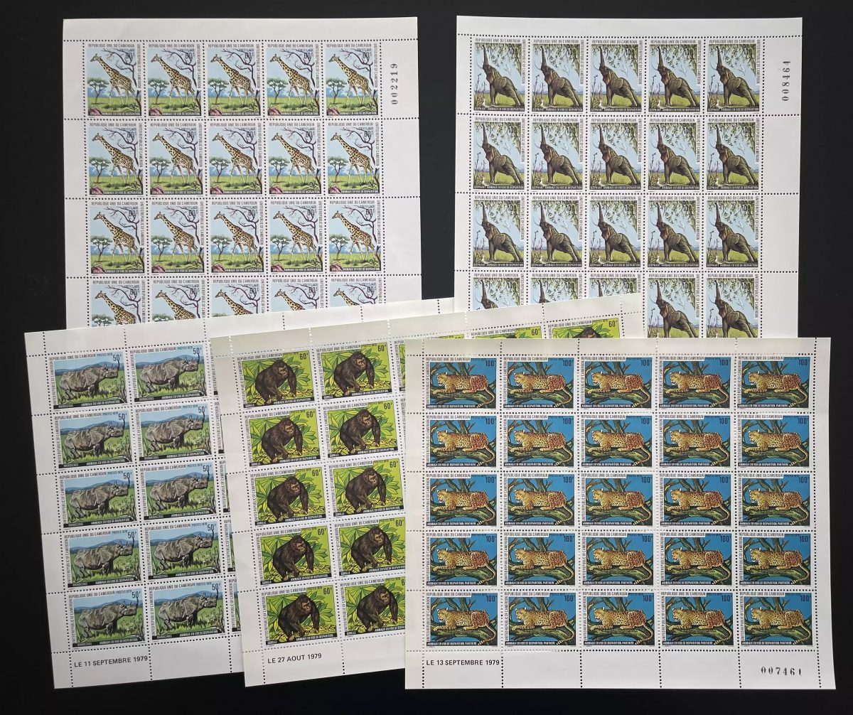 Cameroun 1979 YT 634-638 planche animaux girafe éléphant rhinoceros gorille