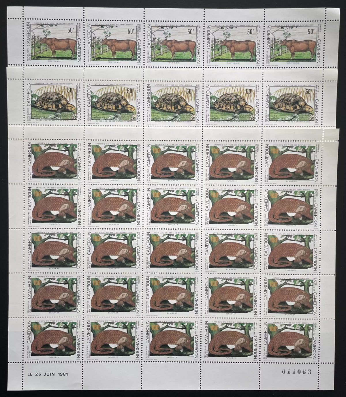 Kamerun 1981 YT 671-673 Bogen Fauna Kuh Schildkröte Schuppentier Natur