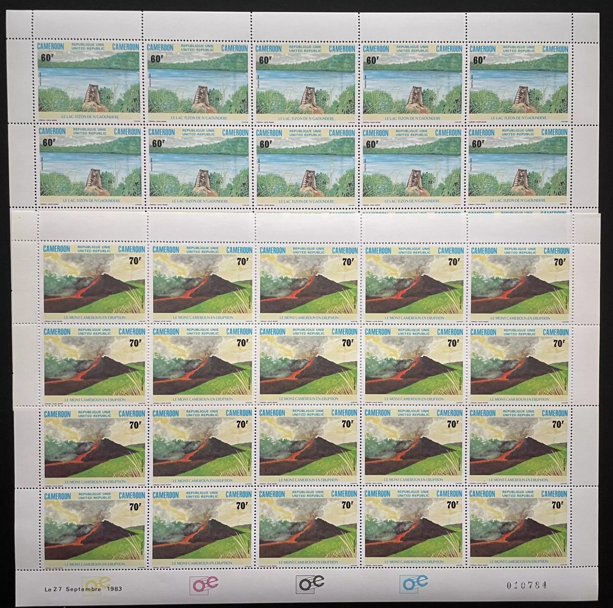 Cameroon 1983 YT 728-729 sheet lake mount eruption volcano landscape