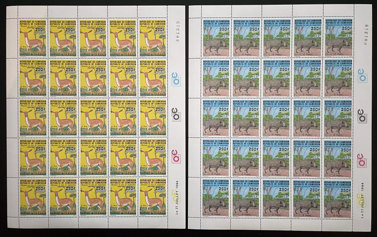Cameroun 1984 YT 740-741 planche faune animaux wildlife biche sanglier
