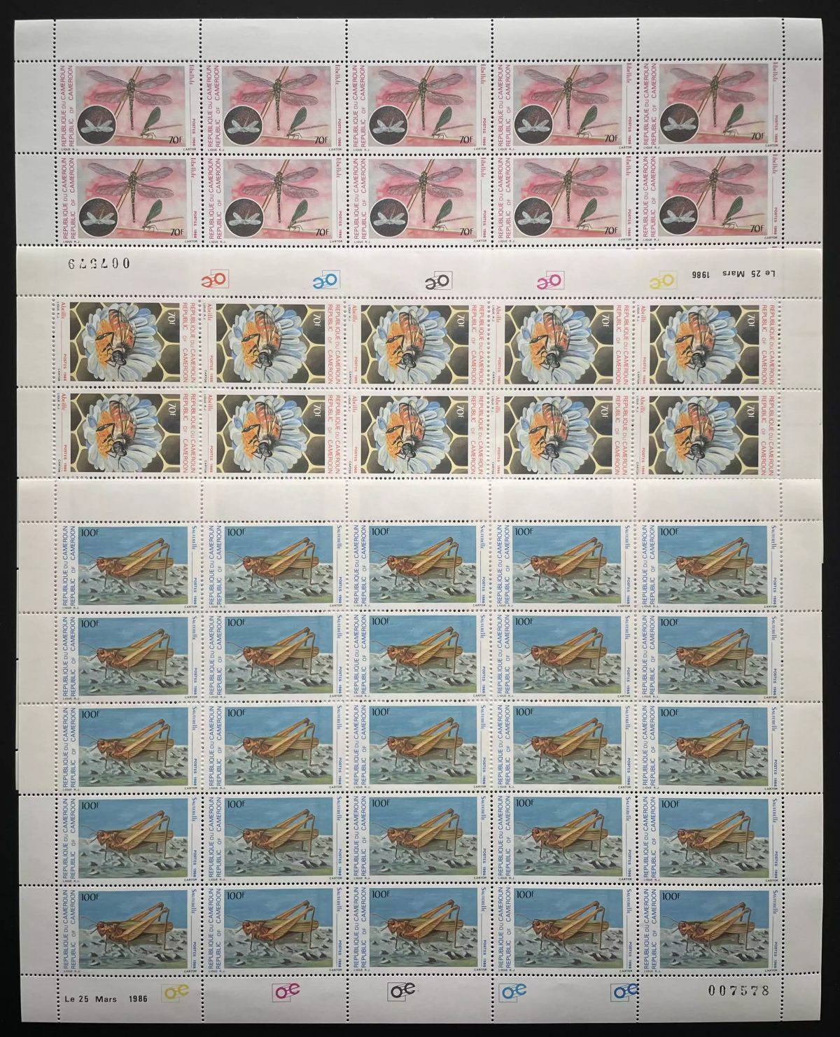 Cameroon 1986 YT 782-784 sheet insects butterflies dragonfly grasshopper bee