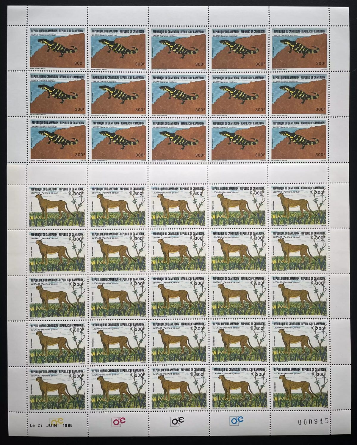 Cameroun 1986 YT 797-798 planche varan léopard faune animal nature wildlife