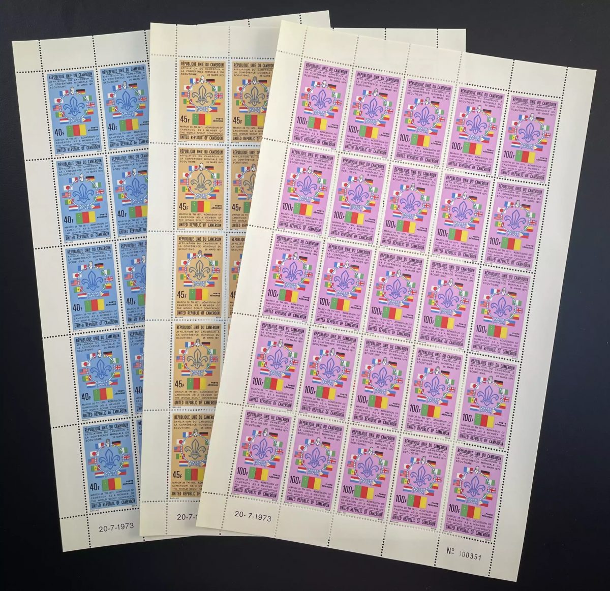 Cameroun 1973 YT PA 217-219 planche scoutisme jamboree Baden-Powell drapeaux