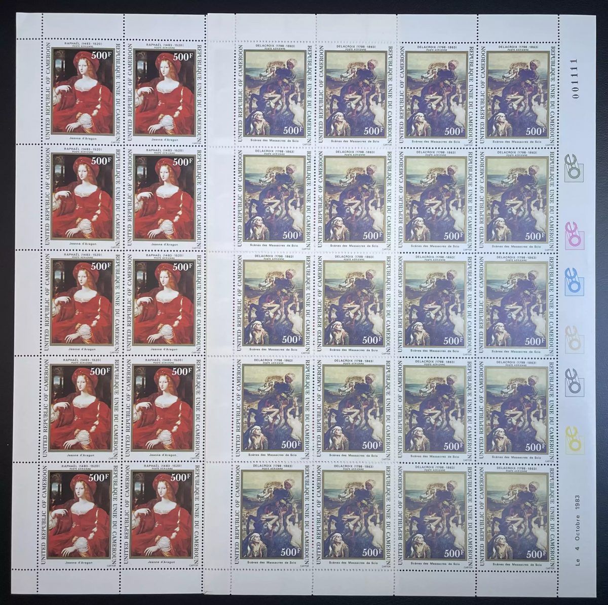 Cameroon 1983 YT PA 319-320 sheet Delacroix Raphaël paintings art woman