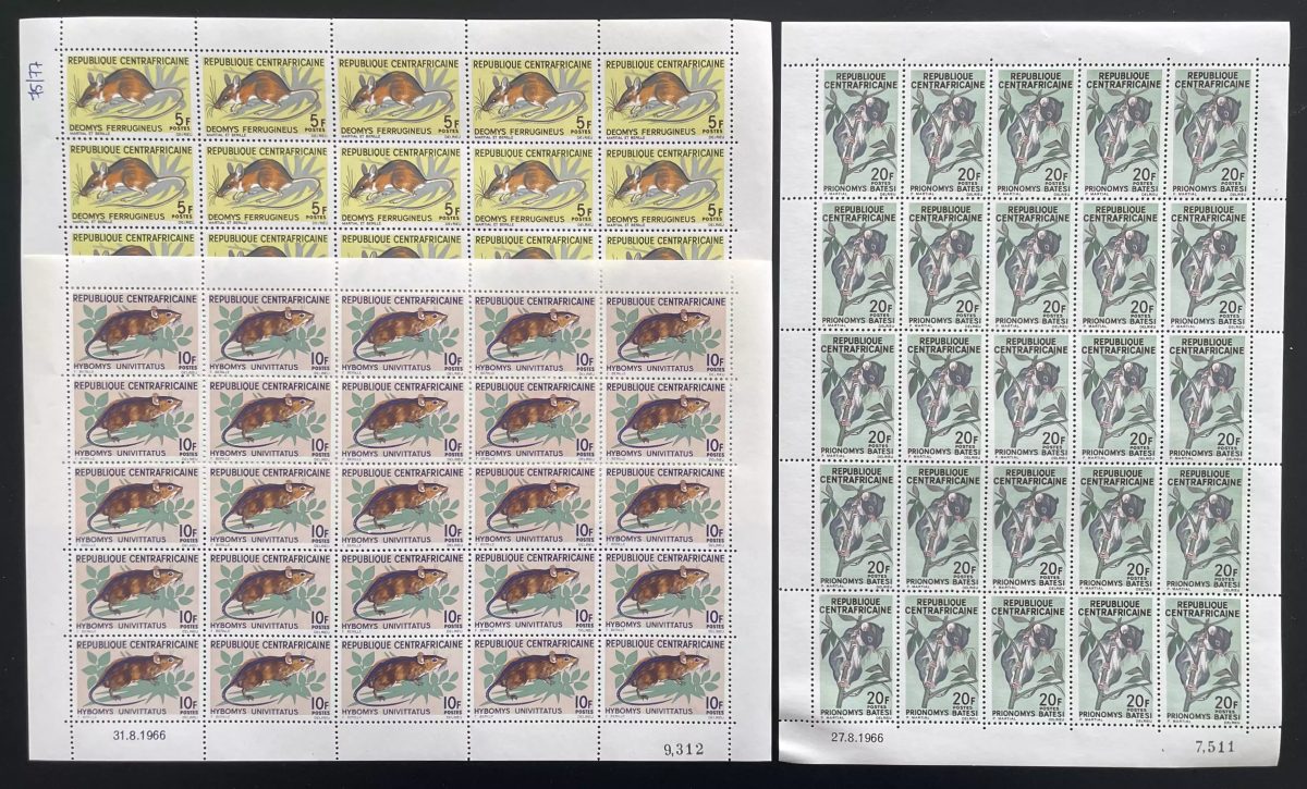 Centrafricaine 1966 YT 75-77 planche rongeurs mammifères faune animaux nature