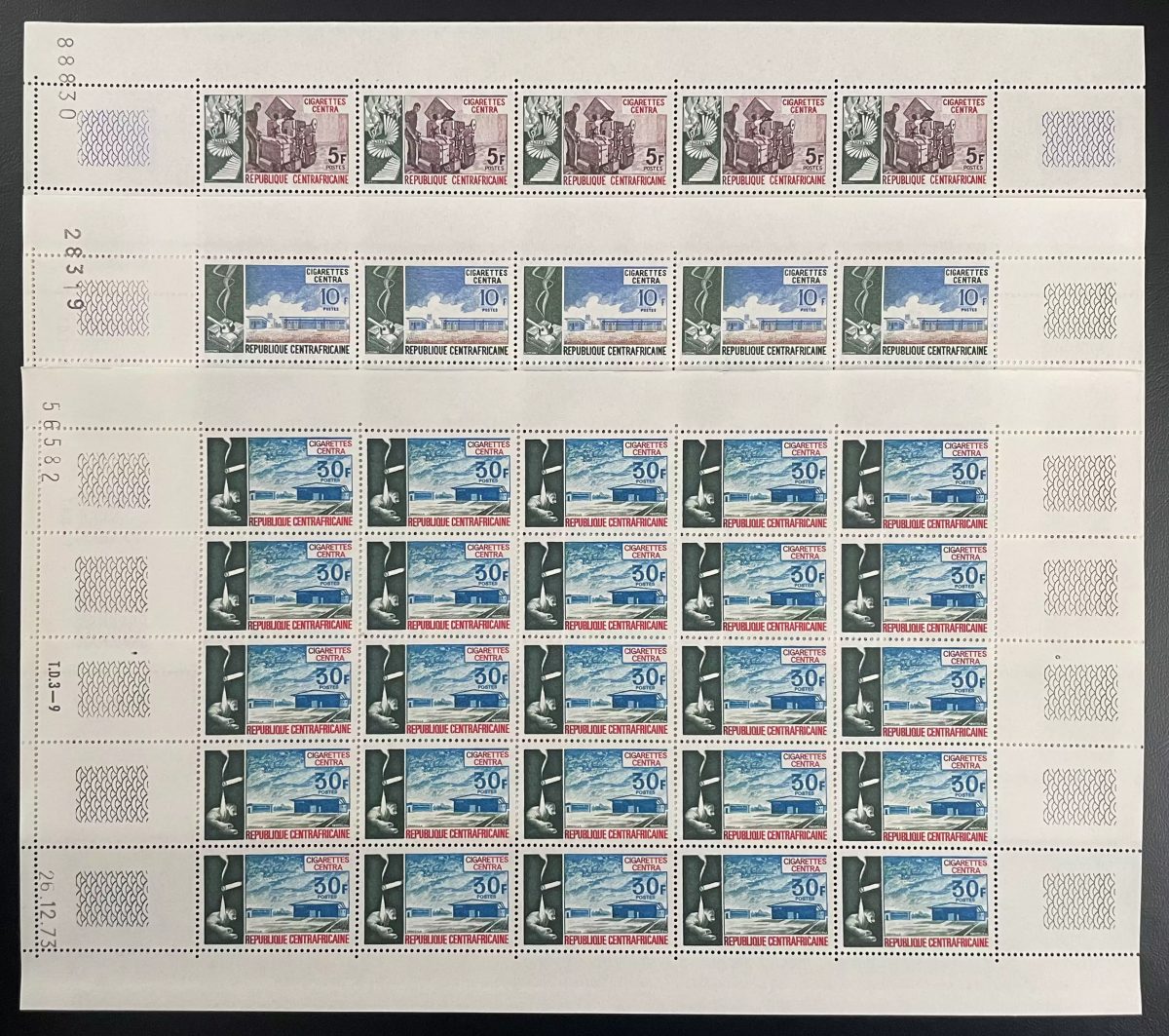 Centrafricaine 1974 YT 215-217 planche cigarette CENTRA factory tobacco industry