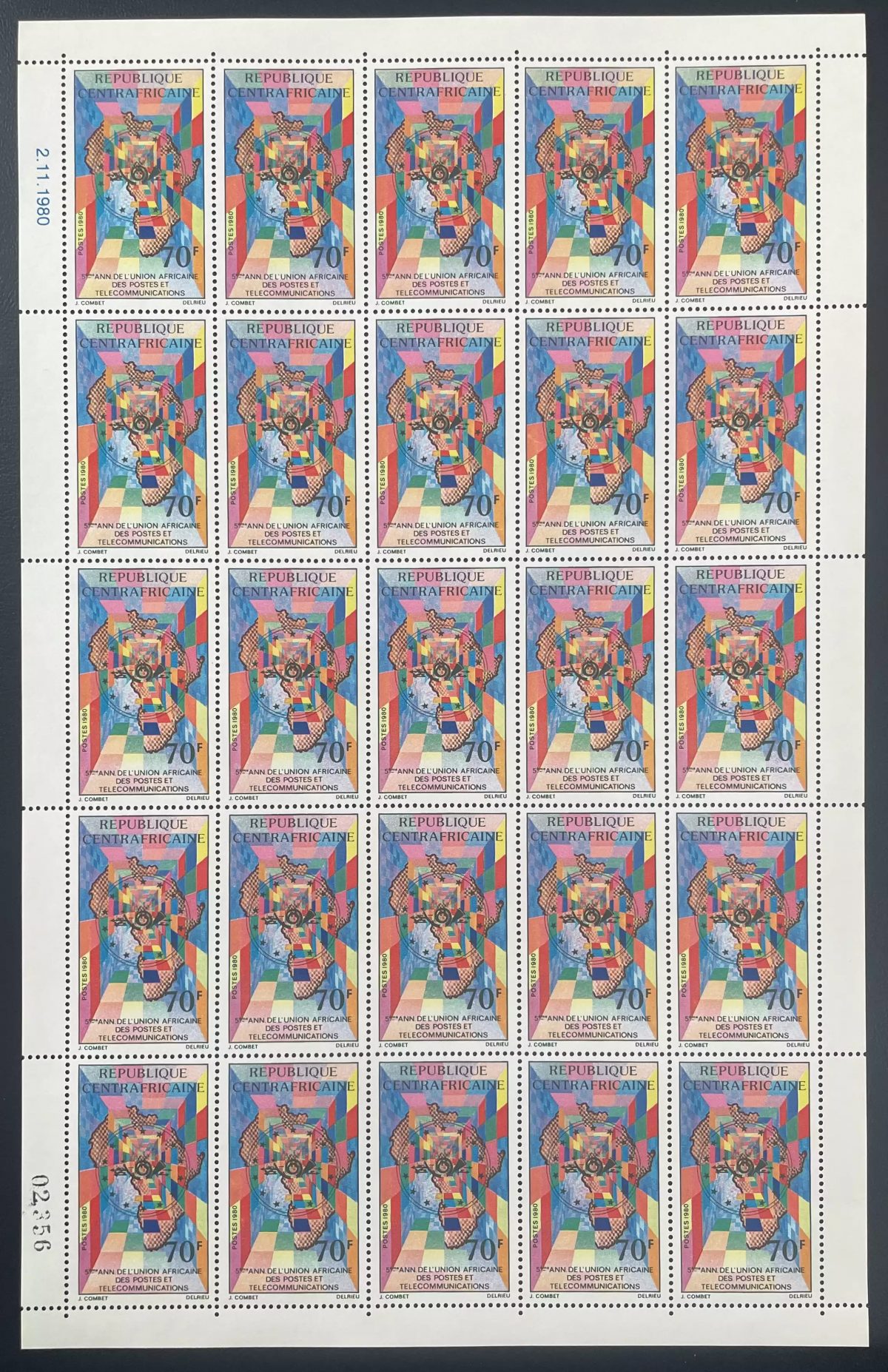 Centrafricaine 1980 YT 426 planche Union Africaine Postes Télécommunications