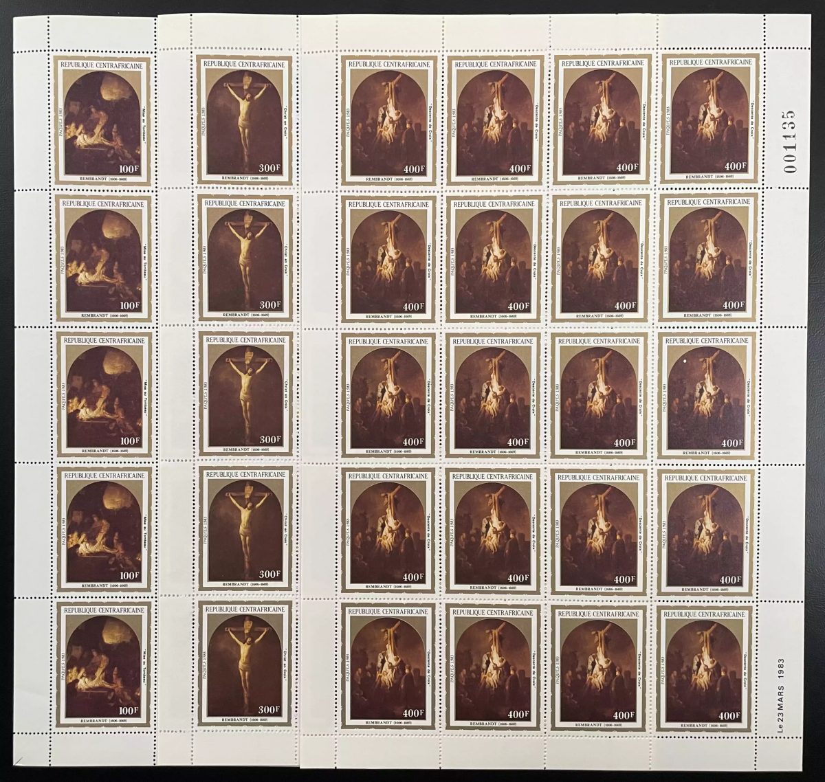 Central African 1983 YT 564-566 sheet Rembrandt crucifixion religious art