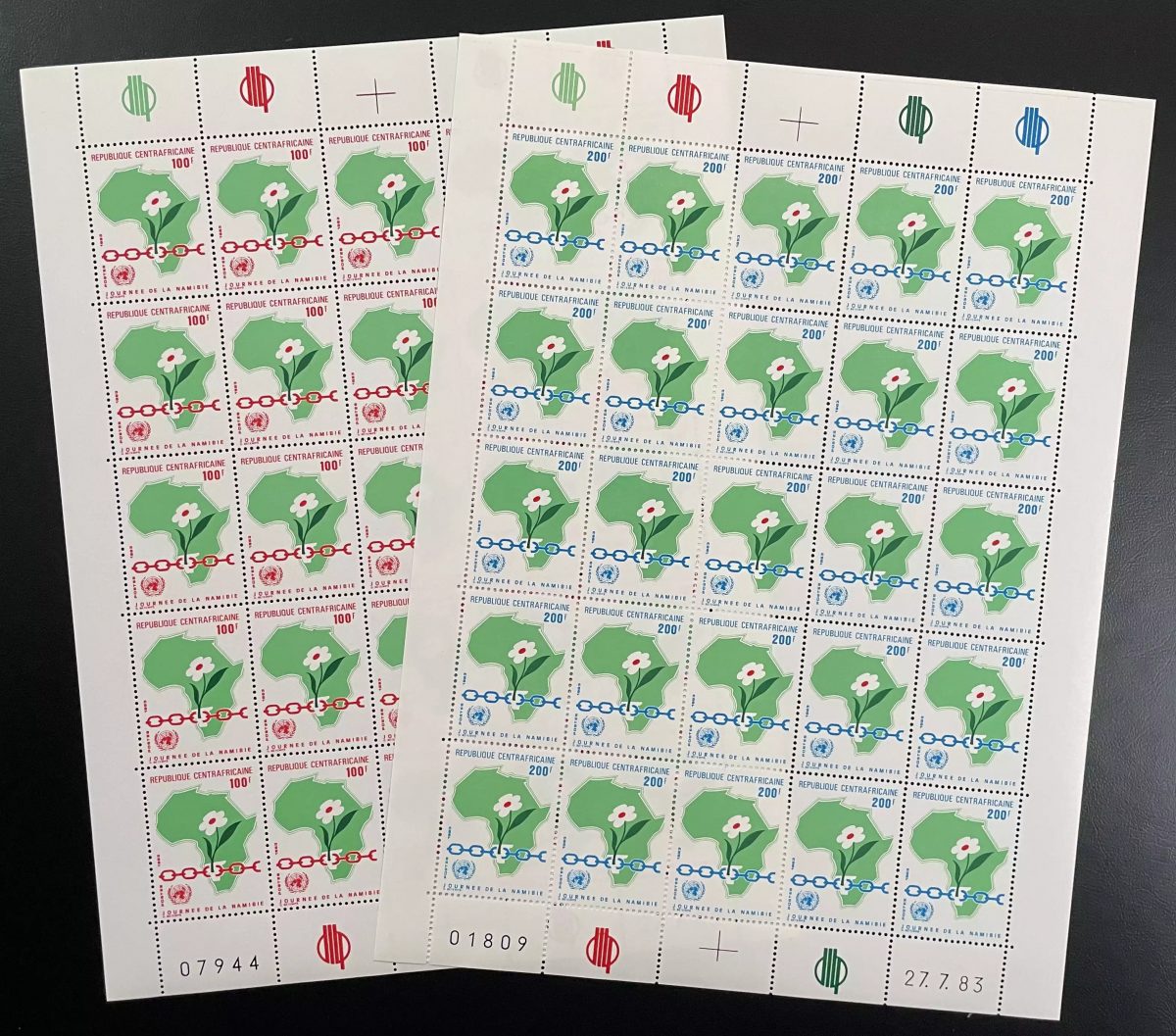 Centrafricaine 1983 YT 592-593 planche Journée Namibie Nations Unies fleur carte