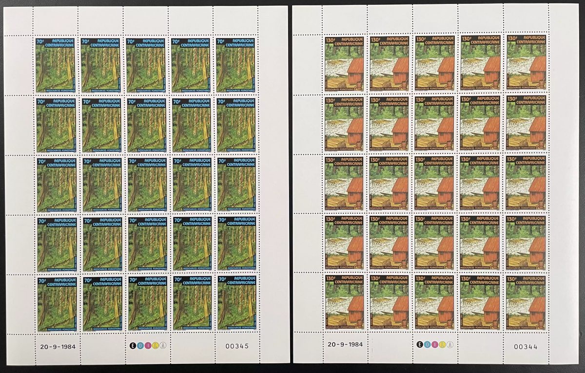 Centrafrique 1984 YT 634-635 planche forêt tropicale habitation case nature
