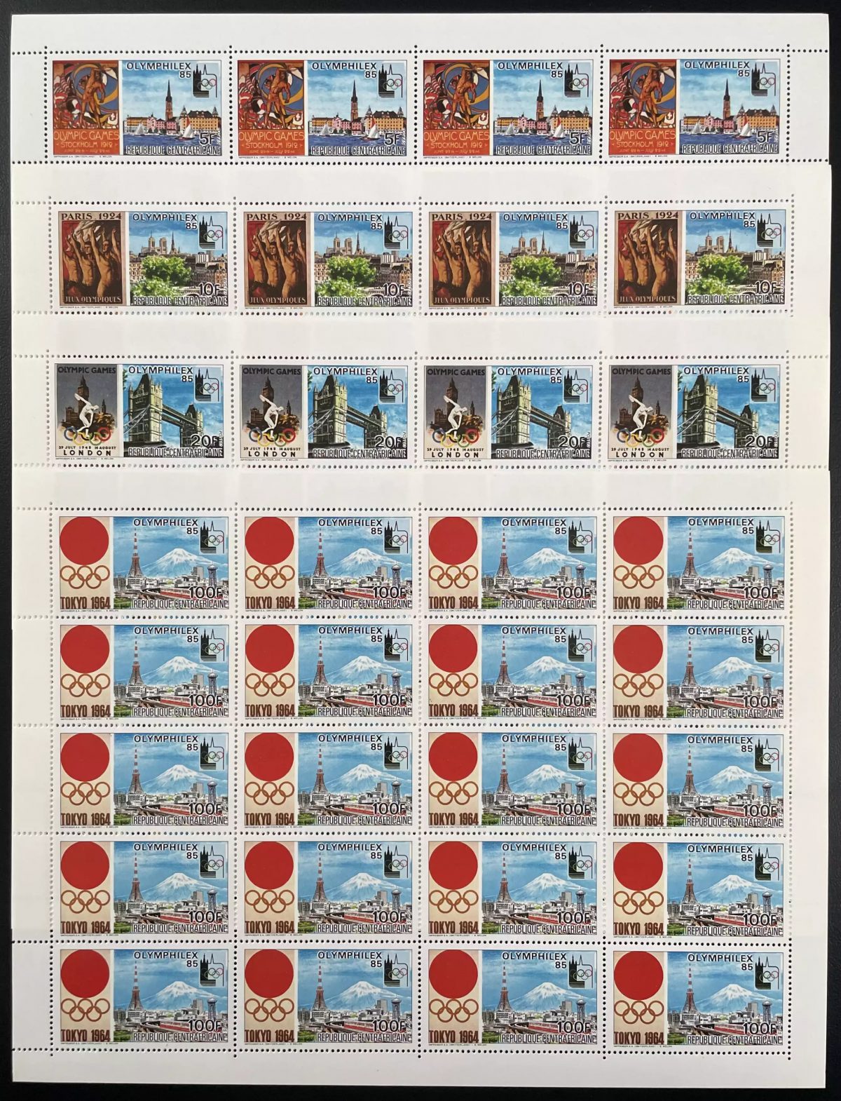 Centrafricaine 1985 YT 658-661 planche OLYMPHILEX Tokyo Olympics Londres Paris