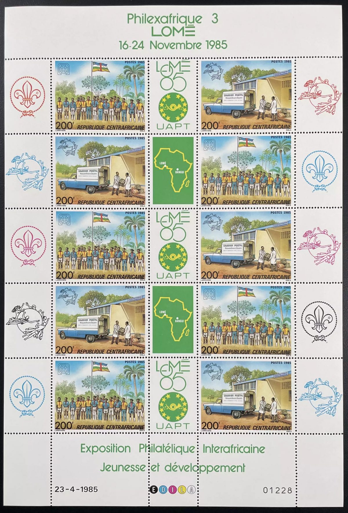 Centrafricaine 1985 YT 671A planche Philexafrique Lomé scouts jeunesse postal