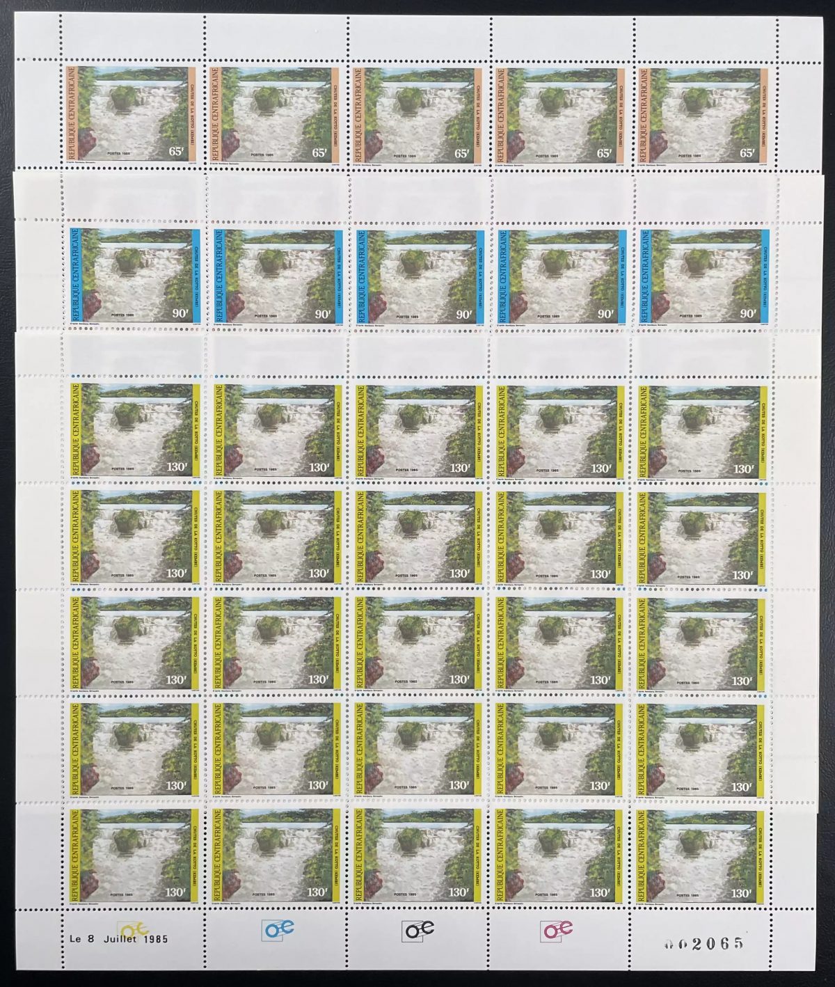République Centrafricaine 1985 YT 677-679 planche cascade chutes de la Kotto