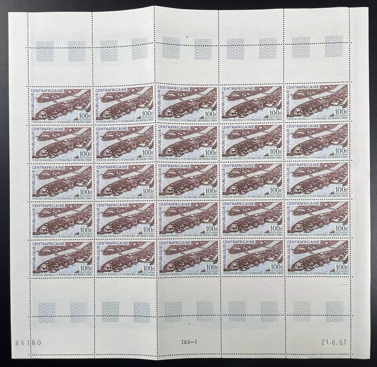 Central African 1967 YT PA 48 sheet universal exhibition Montreal Canada