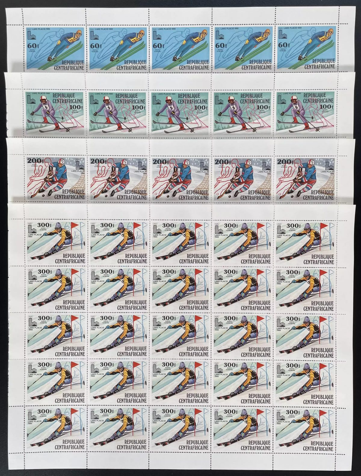 Centrafrique 1979 YT PA 208-211 planche hiver ski jeux olympiques Lake Placid