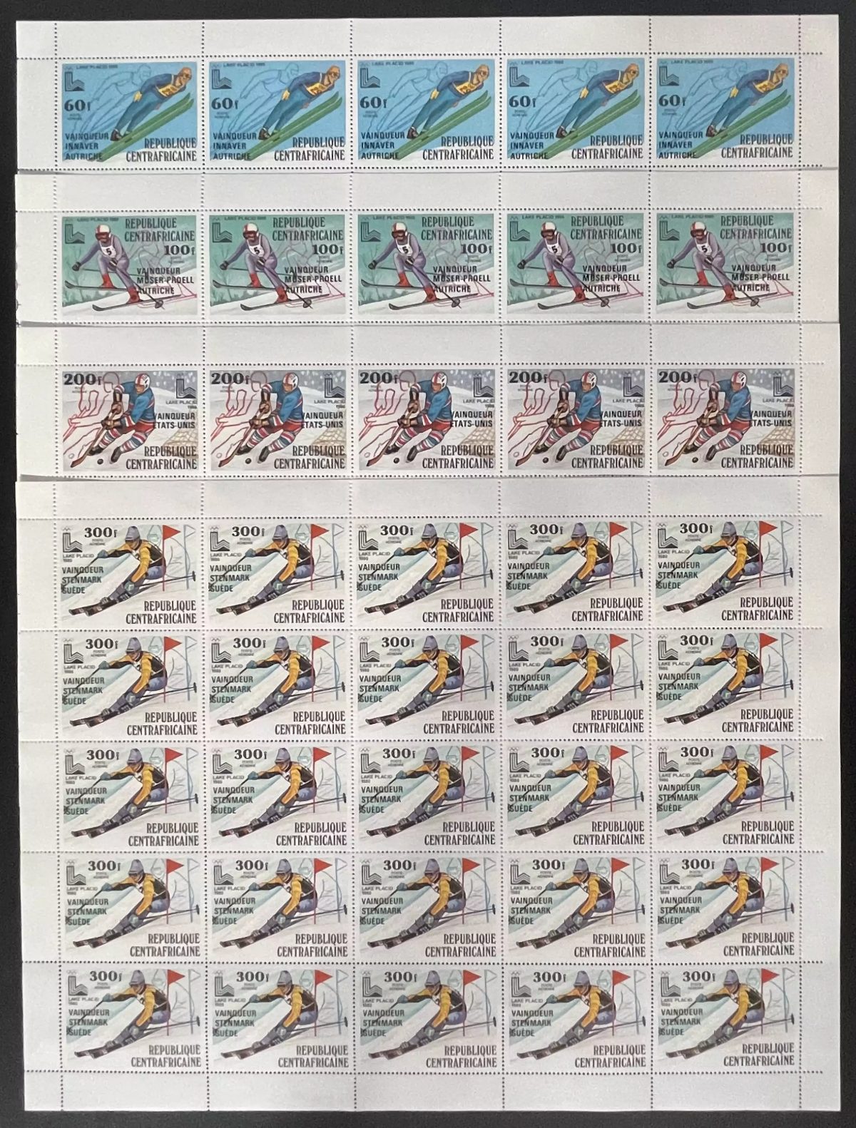 Centrafricaine 1980 YT PA 215-218 surchargé planche jeux olympiques Lake Placid
